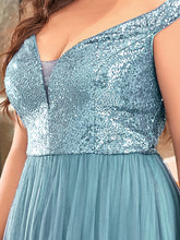 Load image into Gallery viewer, Color=Dusty Blue | Plus Size Wholesale High Waist Tulle &amp; Sequin Sleevless Evening Dress-Dusty Blue 5