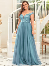 Load image into Gallery viewer, Color=Dusty Blue | Plus Size Wholesale High Waist Tulle &amp; Sequin Sleevless Evening Dress-Dusty Blue 1