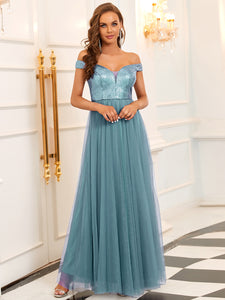 Color=Dusty Blue | Wholesale High Waist Tulle & Sequin Sleeveless Evening Dress-Dusty Blue 1