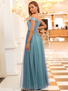 Color=Dusty Blue | Wholesale High Waist Tulle & Sequin Sleeveless Evening Dress-Dusty Blue 2