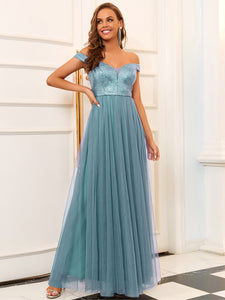 Color=Dusty Blue | Wholesale High Waist Tulle & Sequin Sleeveless Evening Dress-Dusty Blue 3