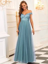 Load image into Gallery viewer, Color=Dusty Blue | Wholesale High Waist Tulle &amp; Sequin Sleeveless Evening Dress-Dusty Blue 4