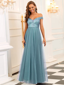 Color=Dusty Blue | Wholesale High Waist Tulle & Sequin Sleeveless Evening Dress-Dusty Blue 4