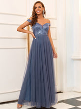 Load image into Gallery viewer, Color=Dusty Navy | Wholesale High Waist Tulle &amp; Sequin Sleeveless Evening Dress-Dusty Navy 7