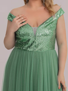 Color=Green Bean | Plus Size Wholesale High Waist Tulle & Sequin Sleevless Evening Dress-Green Bean 5