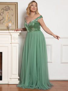 Color=Green Bean | Plus Size Wholesale High Waist Tulle & Sequin Sleevless Evening Dress-Green Bean 2