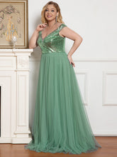 Load image into Gallery viewer, Color=Green Bean | Plus Size Wholesale High Waist Tulle &amp; Sequin Sleevless Evening Dress-Green Bean 1