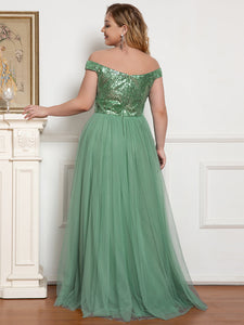 Color=Green Bean | Plus Size Wholesale High Waist Tulle & Sequin Sleevless Evening Dress-Green Bean 3