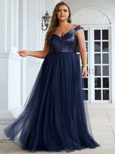Color=Navy Blue | Plus Size Wholesale High Waist Tulle & Sequin Sleevless Evening Dress-Navy Blue 1