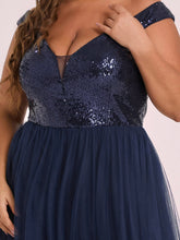 Load image into Gallery viewer, Color=Navy Blue | Plus Size Wholesale High Waist Tulle &amp; Sequin Sleevless Evening Dress-Navy Blue 5