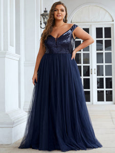 Color=Navy Blue | Plus Size Wholesale High Waist Tulle & Sequin Sleevless Evening Dress-Navy Blue 4
