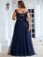 Load image into Gallery viewer, Color=Navy Blue | Plus Size Wholesale High Waist Tulle &amp; Sequin Sleevless Evening Dress-Navy Blue 2