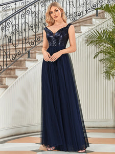 Color=Navy Blue | Wholesale High Waist Tulle & Sequin Sleeveless Evening Dress-Navy Blue 1