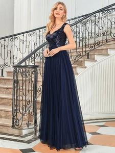 Color=Navy Blue | Wholesale High Waist Tulle & Sequin Sleeveless Evening Dress-Navy Blue 3