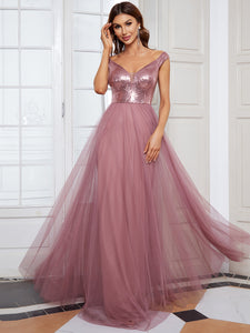 Color=Orchid | Wholesale High Waist Tulle & Sequin Sleeveless Evening Dress-Orchid 1