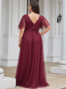 Color=Burgundy | Wholesale Long Deep V Neck Maxi A-Line Tulle Evening Dress-Burgundy 2