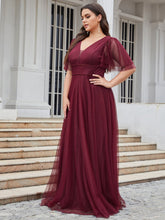 Load image into Gallery viewer, Color=Burgundy | Plus Size Wholesale Tulle Evening Dress With Deep V Neck-Burgundy 3