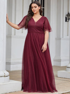 Color=Burgundy | Plus Size Wholesale Tulle Evening Dress With Deep V Neck-Burgundy 4