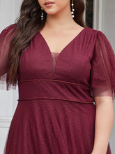 Load image into Gallery viewer, Color=Burgundy | Plus Size Wholesale Tulle Evening Dress With Deep V Neck-Burgundy 5