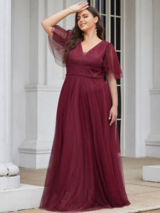 Color=Burgundy | Plus Size Wholesale Tulle Evening Dress With Deep V Neck-Burgundy 1