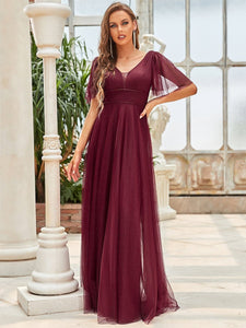 Color=Burgundy | Wholesale Long Deep V Neck Maxi A-Line Tulle Evening Dress-Burgundy 8