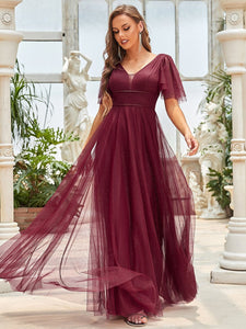 Color=Burgundy | Wholesale Long Deep V Neck Maxi A-Line Tulle Evening Dress-Burgundy 9