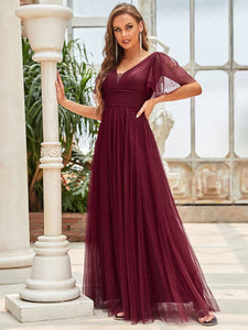 Color=Burgundy | Wholesale Long Deep V Neck Maxi A-Line Tulle Evening Dress-Burgundy 6
