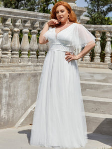 Color=Cream | Plus Size Wholesale Tulle Evening Dress With Deep V Neck-Cream 4