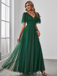 Color=Dark Green | Plus Size Wholesale Tulle Evening Dress With Deep V Neck-Dark Green 3