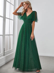 Color=Dark Green | Plus Size Wholesale Tulle Evening Dress With Deep V Neck-Dark Green 4