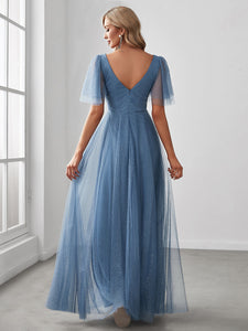 Color=Dusty Navy | Wholesale Long Deep V Neck Maxi A-Line Tulle Evening Dress-Dusty Navy 2