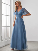 Load image into Gallery viewer, Color=Dusty Navy | Wholesale Long Deep V Neck Maxi A-Line Tulle Evening Dress-Dusty Navy 3