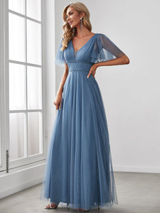 Color=Dusty Navy | Wholesale Long Deep V Neck Maxi A-Line Tulle Evening Dress-Dusty Navy 3