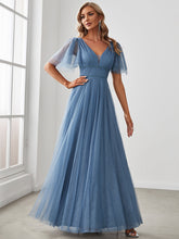 Load image into Gallery viewer, Color=Dusty Navy | Wholesale Long Deep V Neck Maxi A-Line Tulle Evening Dress-Dusty Navy 4