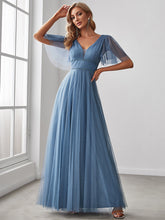 Load image into Gallery viewer, Color=Dusty Navy | Wholesale Long Deep V Neck Maxi A-Line Tulle Evening Dress-Dusty Navy 1