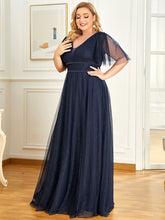 Load image into Gallery viewer, Color=Navy Blue | Plus Size Wholesale Tulle Evening Dress With Deep V Neck-Navy Blue 3