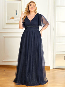 Color=Navy Blue | Plus Size Wholesale Tulle Evening Dress With Deep V Neck-Navy Blue 4