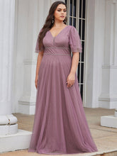 Load image into Gallery viewer, Color=Orchid | Plus Size Wholesale Tulle Evening Dress With Deep V Neck-Orchid 4