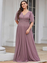 Load image into Gallery viewer, Color=Orchid | Plus Size Wholesale Tulle Evening Dress With Deep V Neck-Orchid 1