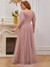 Load image into Gallery viewer, Color=Pink | Plus Size Wholesale Tulle Evening Dress With Deep V Neck-Pink 2