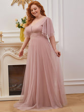 Load image into Gallery viewer, Color=Pink | Plus Size Wholesale Tulle Evening Dress With Deep V Neck-Pink 3