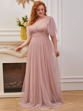 Load image into Gallery viewer, Color=Pink | Plus Size Wholesale Tulle Evening Dress With Deep V Neck-Pink 4