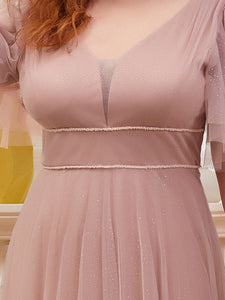 Color=Pink | Plus Size Wholesale Tulle Evening Dress With Deep V Neck-Pink 5