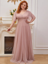 Load image into Gallery viewer, Color=Pink | Plus Size Wholesale Tulle Evening Dress With Deep V Neck-Pink 1