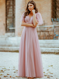 Color=Pink | Wholesale Long Deep V Neck Maxi A-Line Tulle Evening Dress-Pink 2