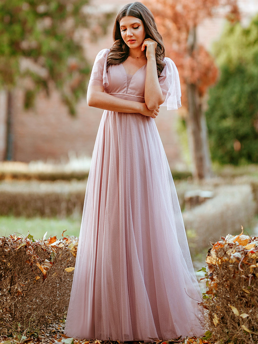 Color=Pink | Wholesale Long Deep V Neck Maxi A-Line Tulle Evening Dress-Pink 1