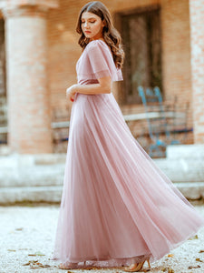 Color=Pink | Wholesale Long Deep V Neck Maxi A-Line Tulle Evening Dress-Pink 4