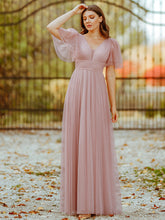 Load image into Gallery viewer, Color=Pink | Wholesale Long Deep V Neck Maxi A-Line Tulle Evening Dress-Pink 3