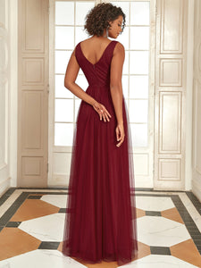 Color=Burgundy | Deep V Neck Sleeveless A Line Floor Length Wholesale Evening Dresses-Burgundy 2