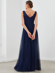 Color=Navy Blue | Deep V Neck Sleeveless A Line Floor Length Wholesale Evening Dresses-Navy Blue 2